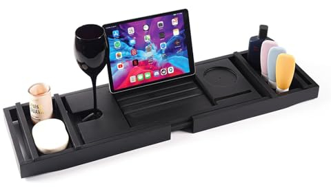 Badewannenablage Bambus Holz Badewannentablett Ausziehbares 75-115cm rutschfeste Wannenablage Passend für die meisten Badewannen - Hält Buch, iPad, Telefon, Glas, Kerze (Schwarz)