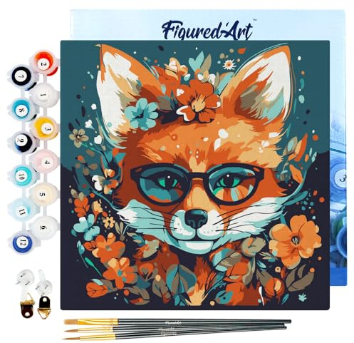 Figured'Art Mini Peinture par Numéro Adulte 20x20cm avec cadre Renard Fantaisie et Fleurs - Petit Format Kit de Loisir Créatif DIY Numéro d'Art Complet