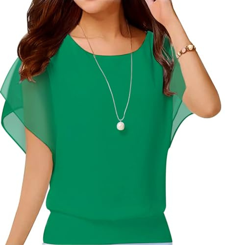 Neineiwu Oberteil Damen Elegant Batwing Bluse Shirts Kurzarm Rundkragen | Blumen,Damenbluse,Kurzarm,Festliche,Leicht,Weiches,Casual,Frühling,Sommer