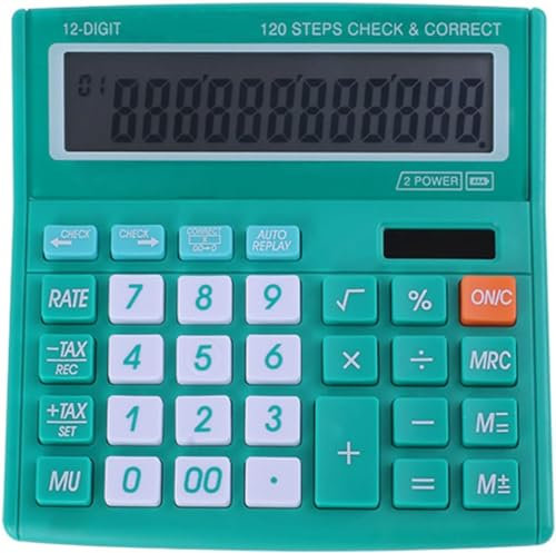 Tischrechner 12-stellig mit Solarenergie und leicht ablesbarem LCD-Display, große Tasten, für Zuhause, Büro, Schule, Klasse und Geschäft, 4 Funktionen Taschenrechner, mit Batterie (Grün)