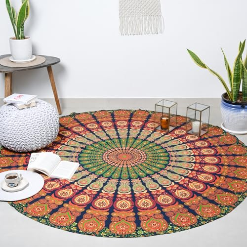 Pfauen-Mandala-Wandteppich, 182,9 cm, goldgrün, runde Tischdecke, Hippie-Wandbehang, dekorative Trippy-Wandteppiche, böhmische Boho-Bettwäsche, indische handgefertigte reine Baumwolle
