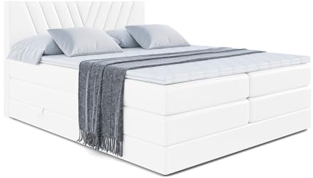 ALTDECOR Boxspringbett mit Matratze und Lattenrost, Topper, Polsterbett mit Bettkasten, Bett mit Stauraum H3- und H4- Matratze, Doppelbett, Springboxbett -ERNINA King - 180x200 - Weiß Kunstleder