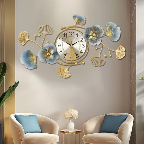 Lafocuse Groß Wanduhr Gold Metall, 83x48cm Lautlos Wanduhr Modern, Kreative Ginkgo Biloba Dekoration, Ohne Ticken Kunst Deko für Wohnzimmer Schlafzimmer Küche