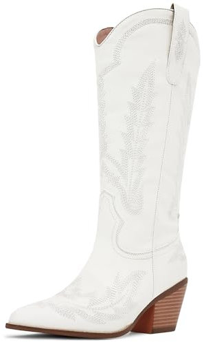 RONILURN Stivali da cowboy da donna, stivali da cowgirl, metà polpaccio, stile western country, punta ricamata, tacco grosso, rosso, Bianco a metà polpaccio, 44 EU
