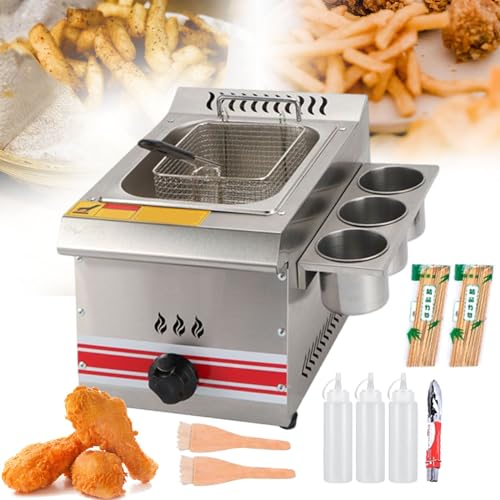 Friteuse À Gaz Commerciale, Friteuse En Acier Inoxydable Avec Support À Condiments Et Bouteilles De Sauce, Friteuse À Gaz Professionnelle Pour Restaurant De Restauration Rapide,10L