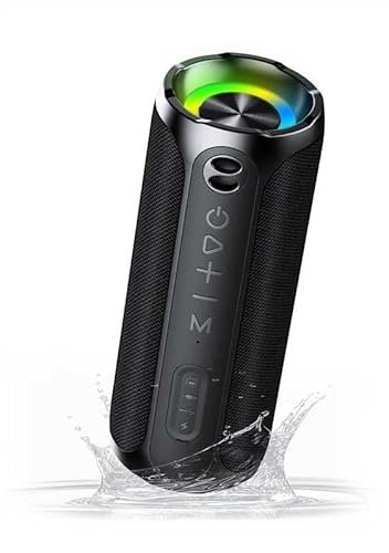 Enceinte Portable Bluetooth 5.3 sans Fil avec Bass Puissantes, Étanche IPX7, Subwoofer à 360 Degrés, Autonomie 24 hrs, Double Appairage Stéréo, Lumière RGB