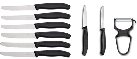 Victorinox Swiss Classic Tomatenmesser, Brotzeitmesser & Swiss Classic Gemüsemesser-Set, 3-teilig, Inkl. Tomatenmesser Wellenschliff, Gemüsemesser und Sparschäler, Spülmaschinengeeignet, schwarz