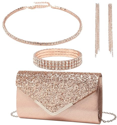 OUAYEMEL Damen-Handtasche mit Glitzer-Umschlag, Pailletten, Abend-, Hochzeits-Handtasche, Geldbörse, Brautschmuck, Abschlussball, Party, Schultertaschen, elegant, 4-teiliges Schmuck-Set mit