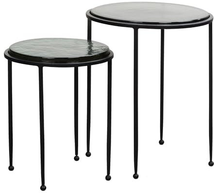 FineBuy Lot de 2 tables gigognes rondes vertes et noires en verre et métal - Table de salon moderne et originale - Table basse 2 pièces - Plateau amovible