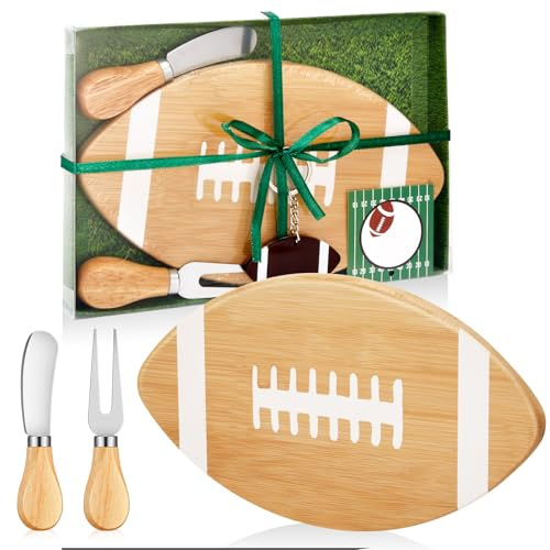 Ziliny Football Shaped Cutting Board Charcuterie Board Gift Set with Cheese Knives for Football Lovers Gift Themed Party Decoration Favor Supplies(Wood Color,9.5x5.5in)