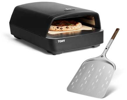 BURNHARD® Forno per pizza a gas TONY, 450 °C, forno da esterno portatile per pizza da 5,9 kW (58,5 x 47,7 x 24,8 cm) con palino per pizza & pietra refrattaria in cordierite