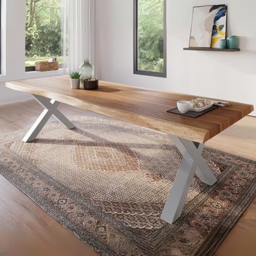 trelevo Esszimmertisch 240x100 cm, Akazienholz massiv, Tischplatte naturfarben, echte Baumkante, X-Gestell Silber, Baumkantentisch