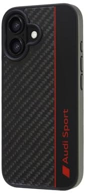 Audi Sport Handyhülle - Kompatibel mit iPhone 16 - Stoßabsorbierende Hülle mit Carbon - mit präzisen Aussparungen für Kamera, Anschlüssen & Tasten - Schwarz mit roten Details