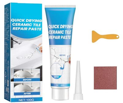 Fliesenreparaturset Weiß, Badewannen Reparaturset Acryl, Wasserdichtes Emaille Reparatur Set für Kratzer Löcher Risse Waschbecken Keramik Fliesen Keramikpaste Kleber Glue 100g (1)