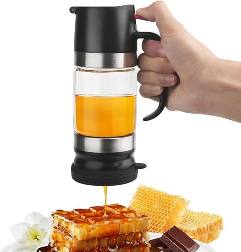 LengSuaa Honey Dispenser No Drip with Handle, 300ML Glass Honey Dispenser, Clear Glass Honey Container Honey Jar With Stand, yrup Dispenser for Coffee or Tea (Black)