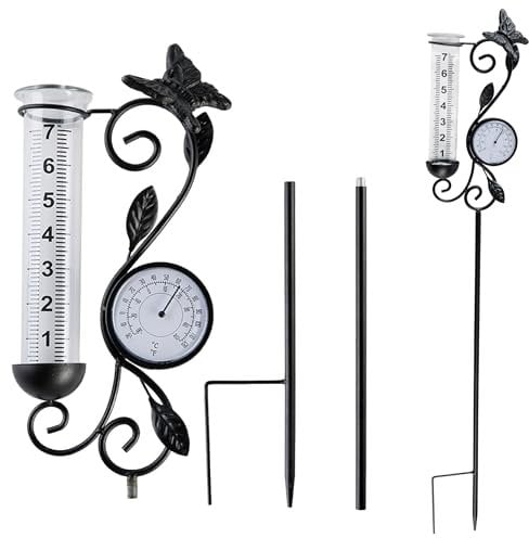 Voumsil Regenmesser Außenthermometer Schwarz Schmetterling Regenmesser zur Niederschlagsmessung, Gartendekoration