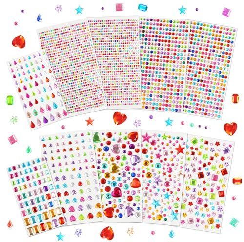 HOTUT Diamantes de Imitación Autoadhesivos, 10 Hojas Brillantes para La Cara, Pegatinas Cara Brillantes Festival, Colores Variados y Formas, para Manualidades Infantiles, Piedras Decorativas