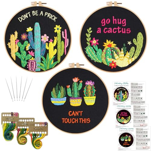 Louise Maelys 3 Pack Funny Cactus Embroidery Kit for Beginners DIY Craft | Cross Stitch Kits for Plant Lovers. Complete Needlepoint Kit for Adults to Enjoy DIY Crafts and Creative Hobbies