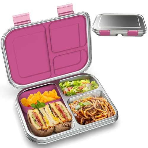 BOSEDSANG Edelstahl-Bento-Lunchbox für Kinder, auslaufsicher, 3 Fächer mit Bonus-Silikon-Behälter, spülmaschinenfest, kinderfreundliches Design für Schule, Picknicks und Reisen, BPA-frei (Rosa)