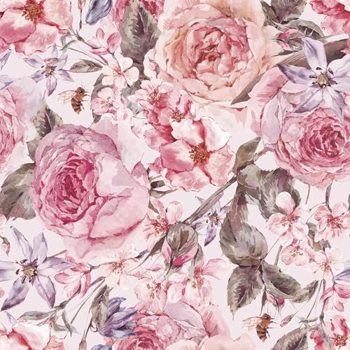 Decotalk Carta da Parati Adesiva Muro Floreale Rosa Vintage 44.5X300cm Pellicola Adesiva Per Mobili Rosa Fogli Di Carta da Parati Rimovibile in Vinile Per Soggiorno Camera da Letto Cucina Pareti
