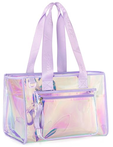 YARWO Irisierend Strandtasche Damen, Transparent Tasche für Concert Konzert | Mit Fronttasche, 6 Innenfächern, breiten Jacquard-Henkeln und faltbarem Design für Strand, Reisen und Freizeit