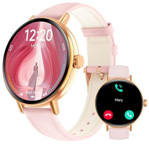 Smart Watch for Womem Answer/Make Call,1.27 HD Dynamic Dial Fitness Watch with Heart Rate/Sleep/SpO2, Leahter Ladies Smartwatch for iPhone/Samsung/Android,IP68 Waterproof,110+ Sport Mode-Pink Rose