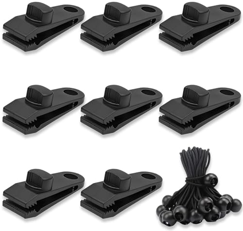 HECHKJ Set de Pinzas para Lonas 33 Piezas, 8 Clips de Lona Sujeción y 25 Cuerdas Elásticas con Bola, Pinzas de Tienda Resistente para Toldo, Camping y Sombrillas