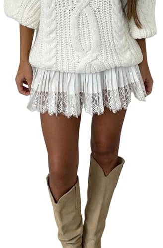 BABWWNIX Women's Y2k Lace Mini Skirt Sexy Low Rise Half Slip Underskirt Ruffle Pleated Layered Flowy Short Skirt Streetwear