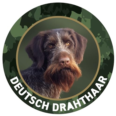 Deutsch Drahthaar (DD) Jagdhund Premium Hunde Aufkleber für Auto, Pkw, Kfz, Kofferraum oder Autoscheibe - mit Hunde und Jagdhundemotiven, Ø 10 cm