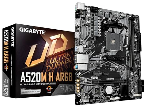 GIGABYTE A520M H ARGB Mainboard – Unterstützt AMD Ryzen 5000 Prozessoren, bis zu 5100 MHz DDR4 (OC), PCIe 3.0 x4 M.2, 1-GbE-LAN, USB 3.2 Gen 1