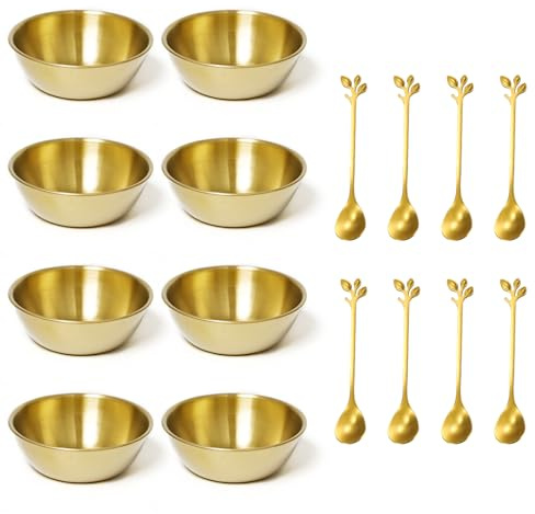 Sxutop 8 Pièces Coupelle Inox Doré Bol à Trempette en Acier Inoxydable avec Cuillères Dorées Coupelles Sauce Soja Petits Bols Doré pour Tapas et Sauces Apéritifs Sushis Épices (8.2 x 3 cm)