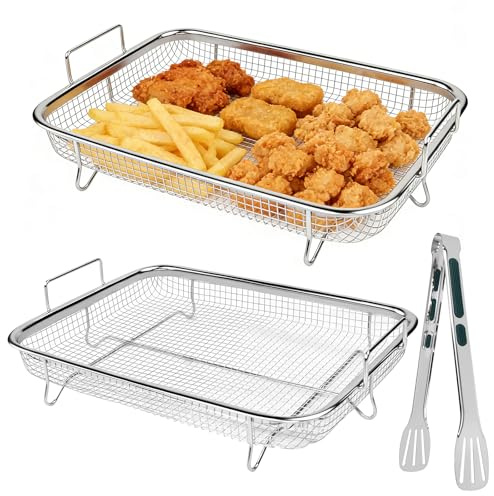 WANTOUTH Lot de 2 grilles de barbecue en acier inoxydable - 30 x 22,5 x 5,2 cm - Panier de cuisson avec poignée + 1 pince alimentaire - Grille de refroidissement - Grille de cuisson pour four et