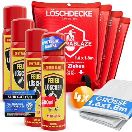 Feuerlöschdecke 4X 1,6x1,8m + Feuerlöschspray 4X 500ml – Brandschutz Set für Haushalt, Küche & Auto – Mini Feuerlöscher Spray + Löschdecke EN1869 – für Fettbrand, Elektrobrand & Notfälle