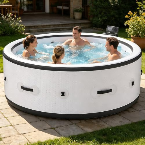 BANGBANGJI Vasca Idromassaggio Gonfiabile Rotonda da Esterno, Set Spa Massaggio a Bolle, per 4-6 Persone, Rotonda 206 x 71cm, Riscaldamento Rapido 104°F, con 150 Getti d'Aria & Copertura Termica