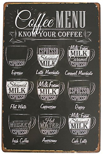ARTCLUB Metall-Blechschild mit Aufschrift Coffee Menu Know Your Coffee Latte Espresso, Vintage-Stil, antikes Plakette, Poster, Küche, Zuhause, Café, Wanddekoration