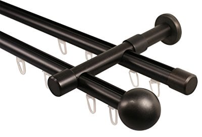 iso-design Innenlauf Gardinenstangen 2-läufig schwarz 20 mm Durchmesser, Wandmontage, Gardinenstangenkomplettset aus Metall mit Wandhaltern und Endstück Kugel, 200 cm