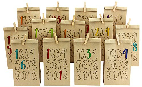 Papierdrachen DIY Adventskalender Kraftpapier Set - Zahlen zum Ausmalen - mit 24 braunen bedruckten Papiertüten zum Ausmalen und selbst Befüllen - Weihnachten