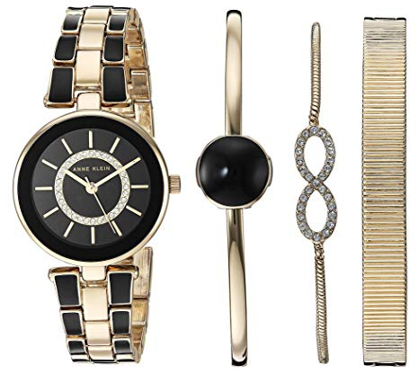 Anne Klein Women's Premium Crystal Accented Watch and Bracelet Set, AK/3286 Gold/Black