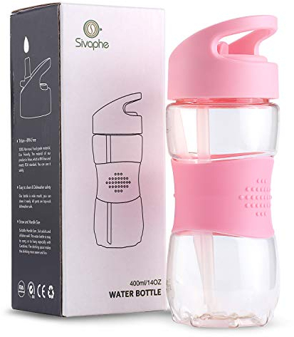 Sivaphe Leak-proof Water Bottle Tritan Plastic, Camping Running Sports Student Outdoor Activity Drinking Bottle with Handle and Silicone Straw (Pink, 400ML)