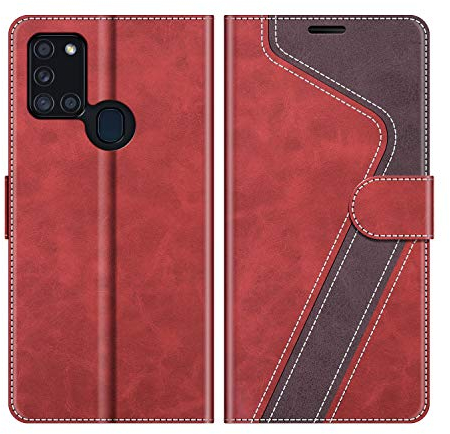MOBESV Hülle für Samsung Galaxy A21s Handyhülle, Lederhülle mit Kartenfach, Klapphülle mit Ständer, Flip Case Handytasche Schutzhülle, Modisch Rot