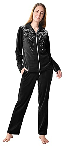 DeSen Donna Tuta in Velluto di Ciniglia da casa Tempo Libero,Velluto Tuta da Ginnastica,Tute Donna per Jogging Training Sportiva Casual Pigiama,con Chiusura Lampo e Strass(40-42,Nero)