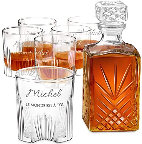 Maverton Ensemble de Carafe en cristal et 6 verres gravés - Whisky set pour gentleman - Cadeau d’anniversaire pour homme - Décanteur avec 6 verres personnalisés - Monde