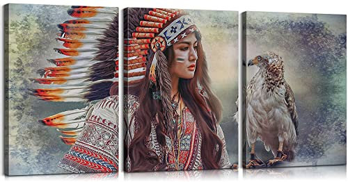 Toile murale amérindienne à 3 panneaux – Belle image de fille indienne avec aigle – Œuvre d'art pour décoration murale indienne – Art indien prêt à être accroché (40,6 x 61 x 7,6 cm)