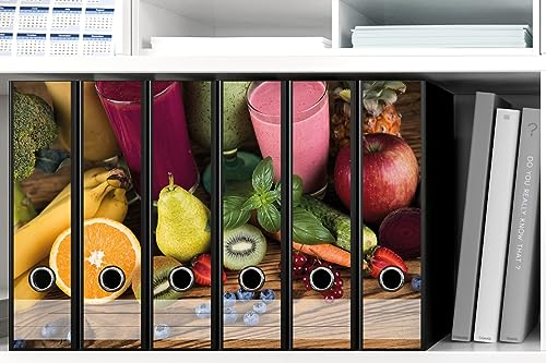 Wallario Ordnerrücken Sticker Bunte Smoothies mit Obst in der Küche - Größe 6 Stück, Rückenschilder für 6 breite Ordner, Klebeetiketten