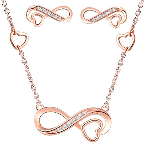CPSLOVE Collier Boucles d'oreilles de symbole de l'infini pour femmes et filles, Bijoux Parures en argent 925, Collier infini et cœur, boucle d'oreille infini et cœur, zircon incrusté, or rose