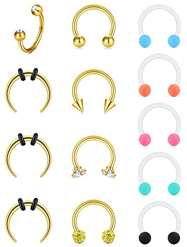Rajnard 16G 8mm Septum Piercing Septum Ring Lippenpiercing Chirurgenstahl Hufeisenring mit Gummikugeln Tragus Helix Piercing Schmuck Damen Herren 13St Gold