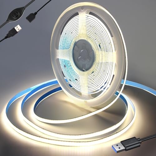 RYE USB Powered 2m 5V COB LED Strip Light with Dimmer of Memory Function,Nature White 4000K,640LEDs,Flexible Tape Light for TV Monitor Backlight, Mirror, Cabinet, Wardrobe, Cupboard DIY Lighting.