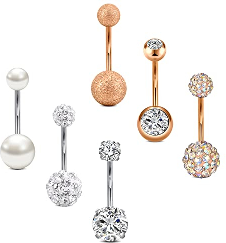 Incaton Bauchnabelpiercing Nabelpiercing Ring Banane Piercing mit Kristall Kugeln Piercing Schmuck Set Silber Rosegold 12MM Stablänge 6 Stk 14 Gauge