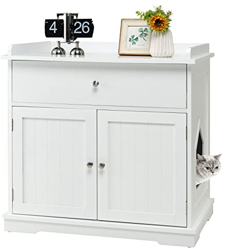 COSTWAY Cat Litter Box Enclosure, Kitty Hidden Washroom Toilet with Drawer, Doors and Hole, Cats Furniture End Table for Living Room Bathroom (White)