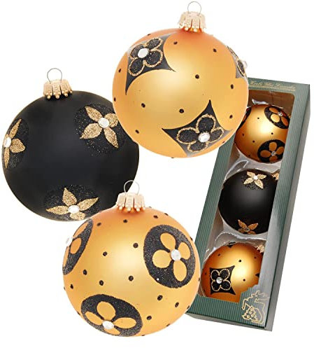 Dekohelden24 Lauschaer Christbaumschmuck - 3er Set Glaskugeln in Gold und Matt - Schwarz, mundgeblasen und handdekoriert, mit Goldkrönchen, Größe Ø ca. 8 cm
